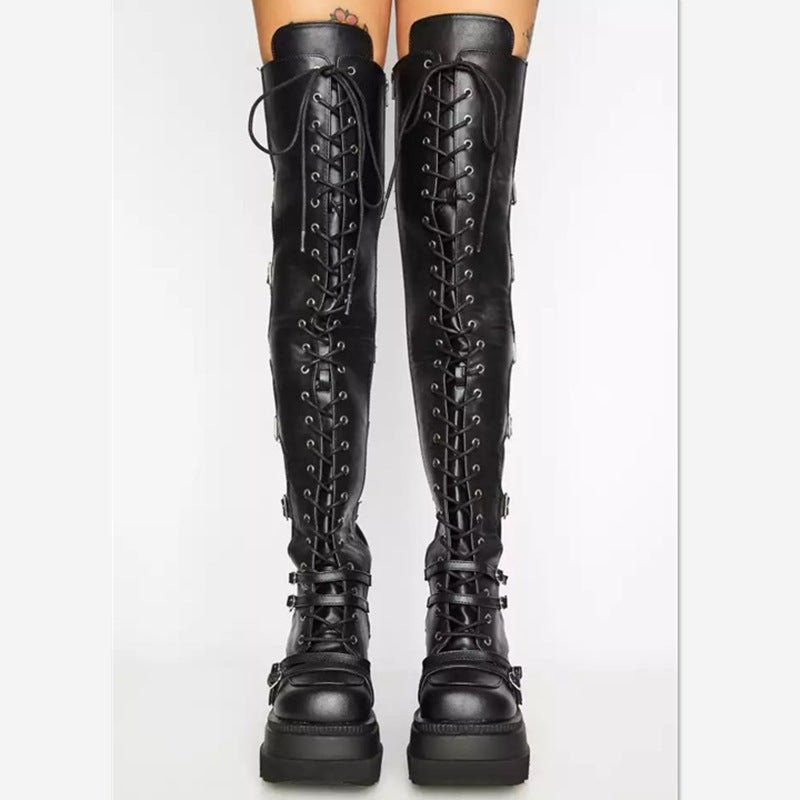 The Cult Gothic Over - the - Knee Lace - Up Boots by The Nevermore – Unique Gothic Fashion for Women by Nevermore Lifestyle & Tech | 35 Black