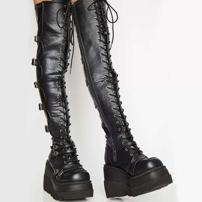 The Cult Gothic Over - the - Knee Lace - Up Boots by The Nevermore – Unique Gothic Fashion for Women by Nevermore Lifestyle & Tech | 35 Black