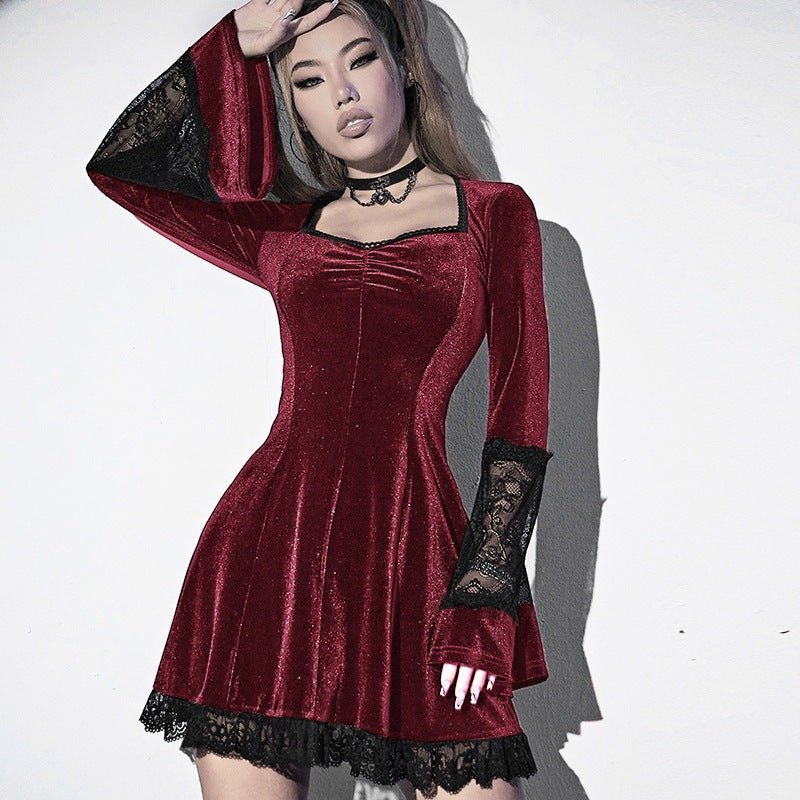 Trinity Darksky - The Nevermore Gothic Dress - for Women Flared Sleeve Lace Edge Patchwork Skirt – Unique Gothic Fashion for Women by Nevermore Lifestyle & Tech | 2XL Black