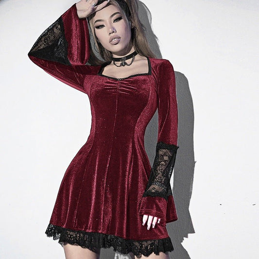 Trinity Darksky - The Nevermore Gothic Dress - for Women Flared Sleeve Lace Edge Patchwork Skirt – Unique Gothic Fashion for Women by Nevermore Lifestyle & Tech | 2XL Black