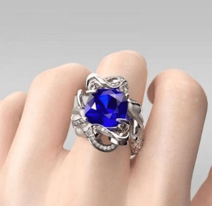 Twin Mermaids with Gemstone and Zircon - The Nevermore Ring 925 Sterling Silver plated copper – Unique Rings for Women by Nevermore Lifestyle & Tech | 10 number Blue