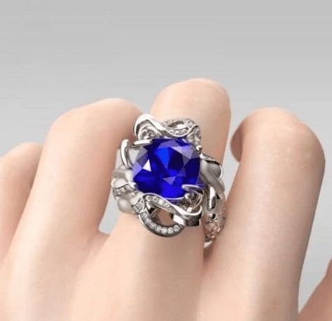 Twin Mermaids with Gemstone and Zircon - The Nevermore Ring 925 Sterling Silver plated copper – Unique Rings for Women by Nevermore Lifestyle & Tech | 10 number Blue