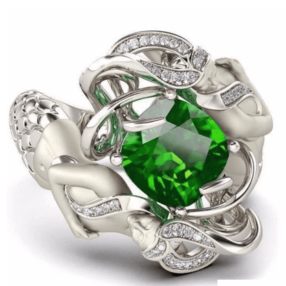 Twin Mermaids with Gemstone and Zircon - The Nevermore Ring 925 Sterling Silver plated copper – Unique Rings for Women by Nevermore Lifestyle & Tech | 10 number Green