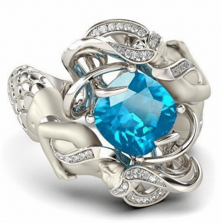 Twin Mermaids with Gemstone and Zircon - The Nevermore Ring 925 Sterling Silver plated copper – Unique Rings for Women by Nevermore Lifestyle & Tech | 10 number Sea blue