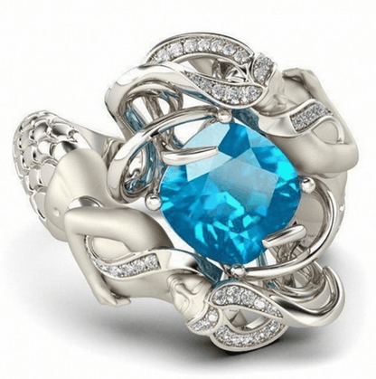 Twin Mermaids with Gemstone and Zircon - The Nevermore Ring 925 Sterling Silver plated copper – Unique Rings for Women by Nevermore Lifestyle & Tech | 10 number Sea blue