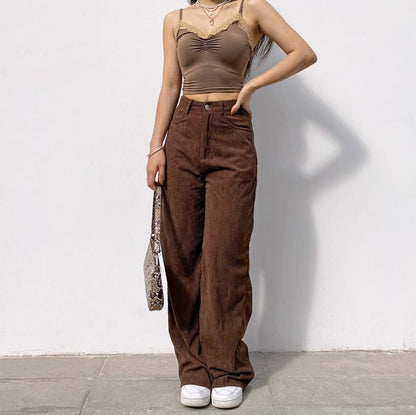 Street High Waist Pocket Corduroy Solid Color Loose Straight Pants
