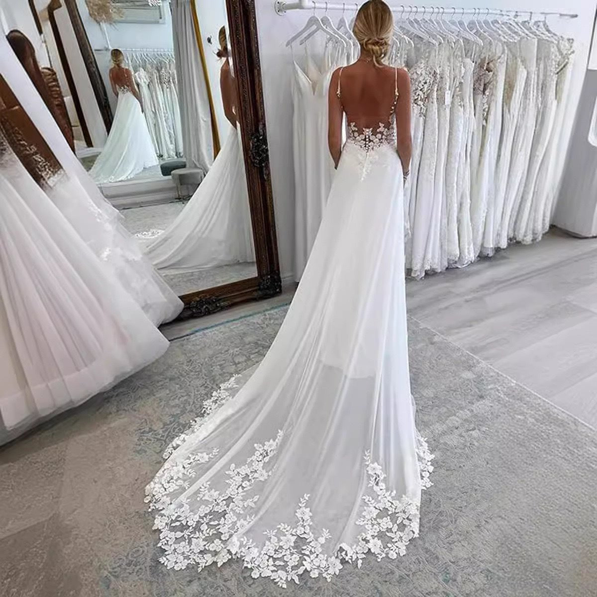 Strap Fishtail Wedding Dress Bridal Slim Satin Lace Dress