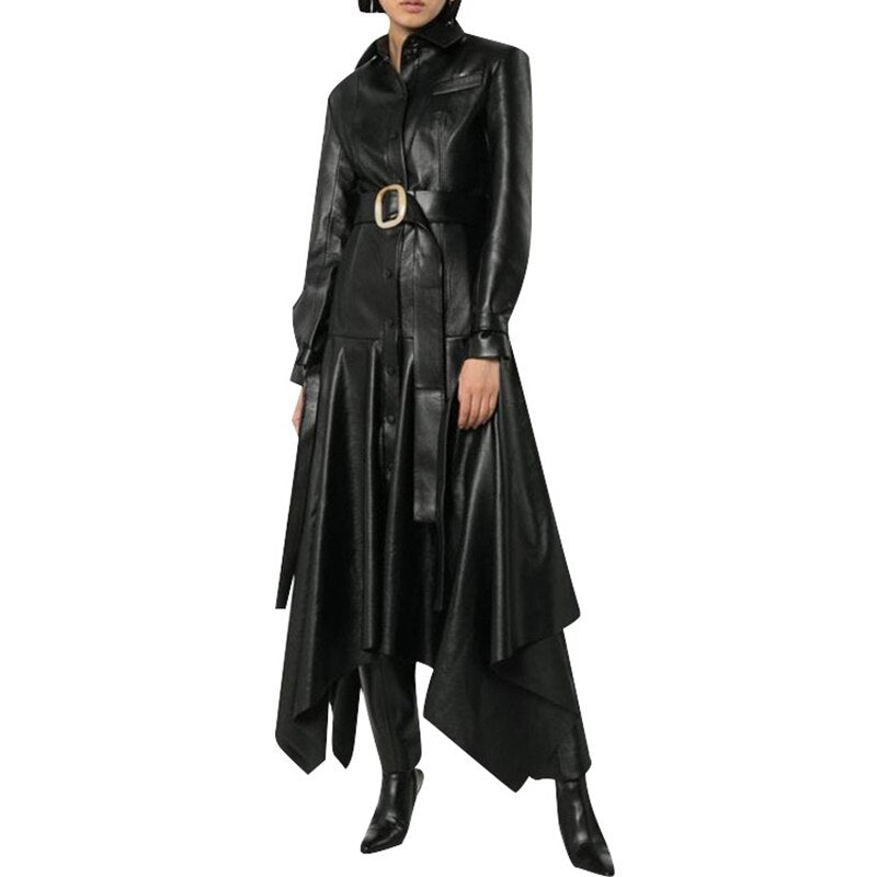 Victia - PU Leather Long Jacket with Belt by The Nevermore – Unique Jackets by Nevermore Lifestyle & Tech | L Black