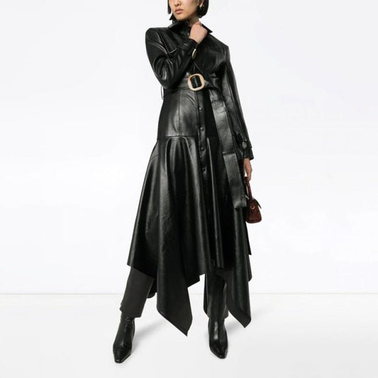 Victia - PU Leather Long Jacket with Belt by The Nevermore – Unique Jackets by Nevermore Lifestyle & Tech | L Black