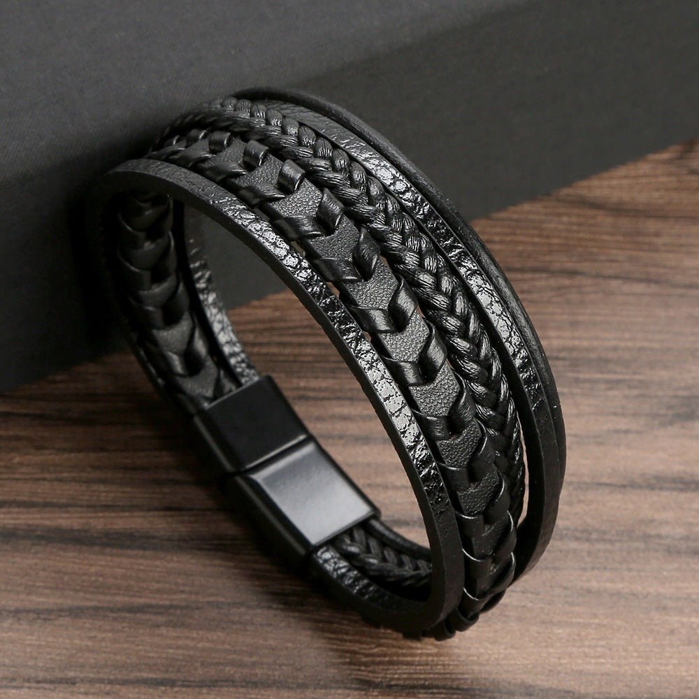 Vigor - The Nevermore Multi - layer Leather Rope Woven Bracelet – Unique Bracelets by Nevermore Lifestyle & Tech | Full Black 21cm