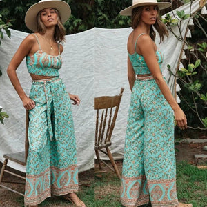 WillowSpirit floral bohemian pants set – green