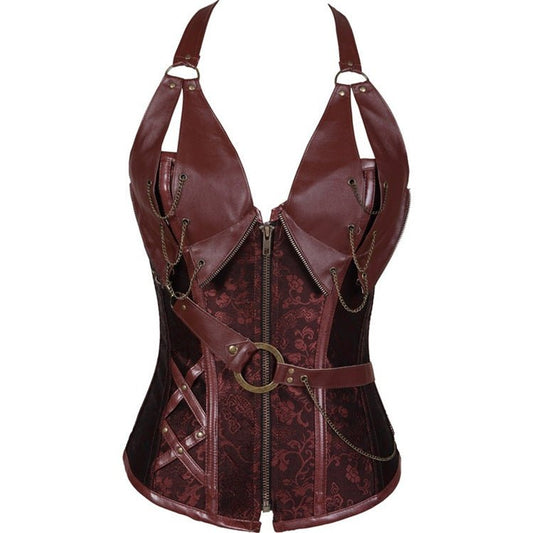 Xanthe Shadow - The Nenermore Steampunk Leather Corset With Belt Shape Body – Unique Steampunk Fashion for Women by Nevermore Lifestyle & Tech | 2XL Brown