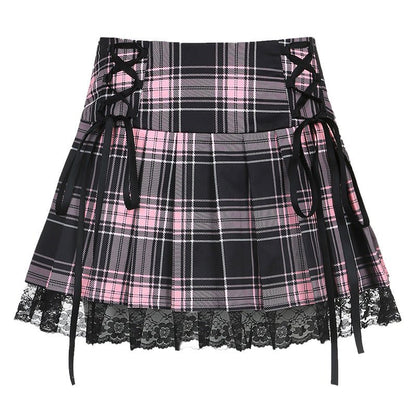 Xena Shadowwell - The Nevermore Gothic Sexy Lace Check Pleated Skirt – Unique Gothic Fashion for Women by Nevermore Lifestyle & Tech | L Pink