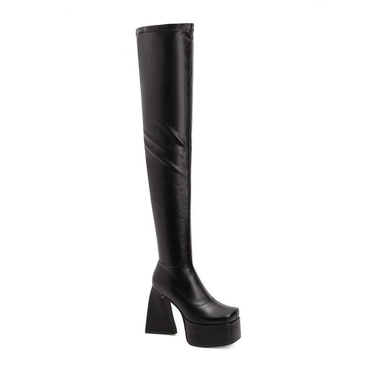 Yvette Clockwise - Over - the - Knee Chunky Heel Boots by The Nevermore – Unique Fashion for Women by Nevermore Lifestyle & Tech | 35 Beige