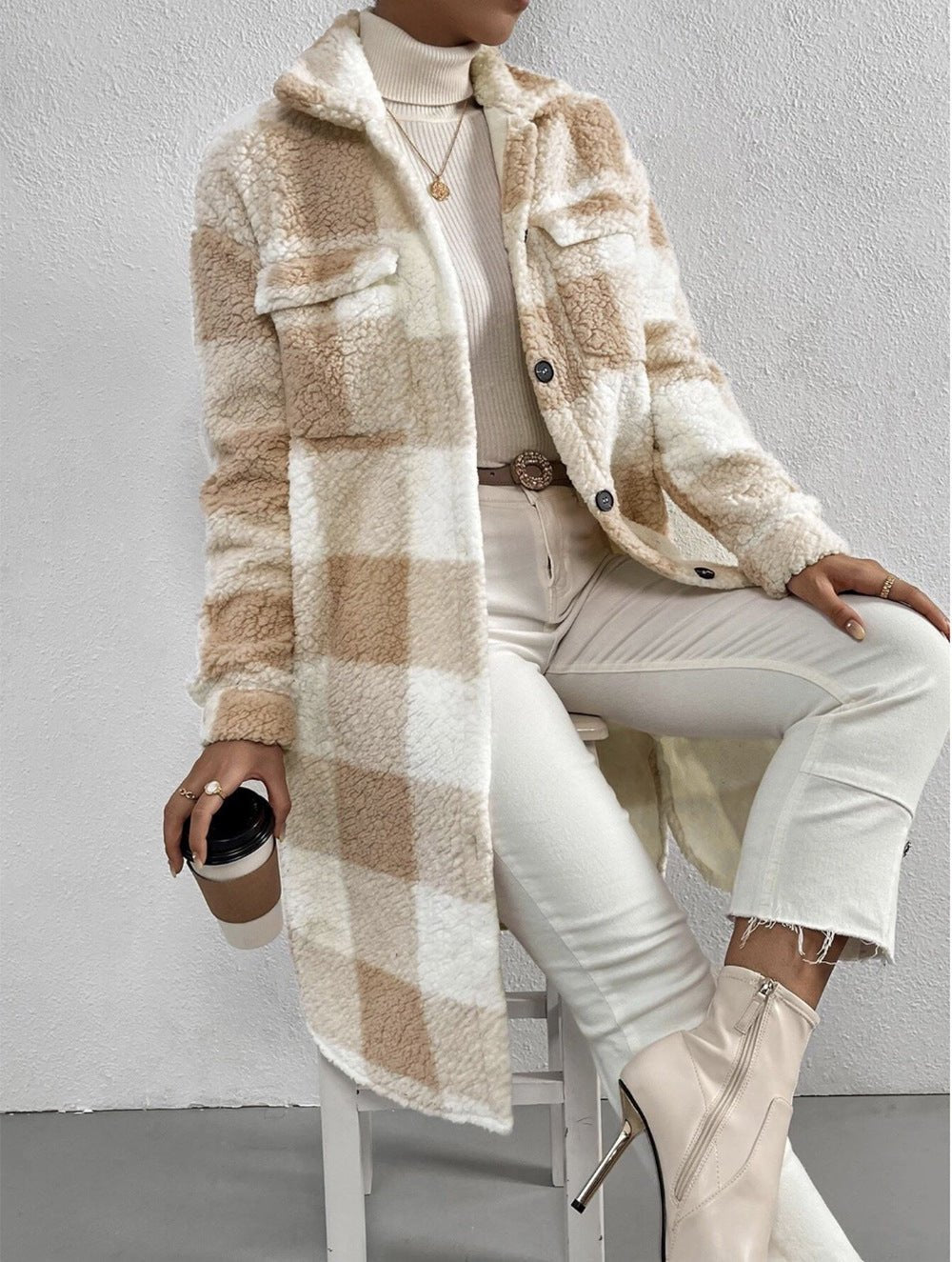 Ziarre Anitra - Plush Plaid Coat by The Nevermore – Unique Coats for Women by Nevermore Lifestyle & Tech | L Apricot And White Plaid