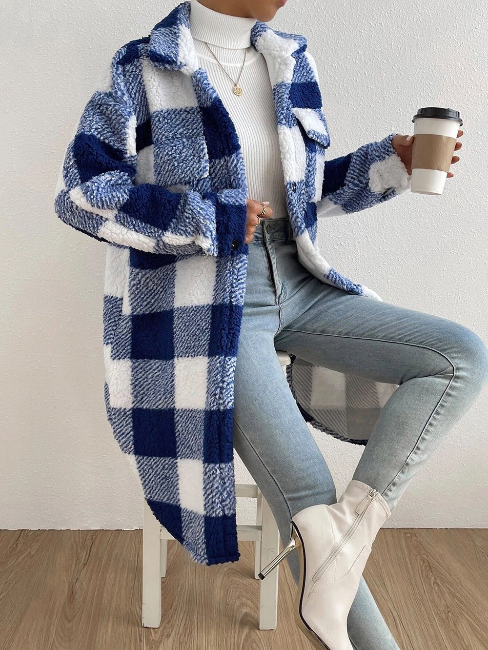 Ziarre Anitra - Plush Plaid Coat by The Nevermore – Unique Coats for Women by Nevermore Lifestyle & Tech | L Blue And White Plaid