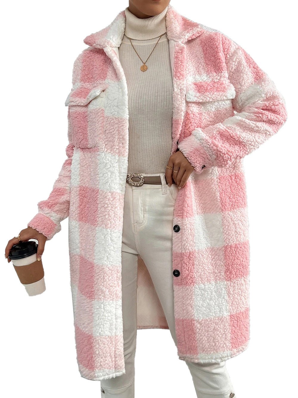 Ziarre Anitra - Plush Plaid Coat by The Nevermore – Unique Coats for Women by Nevermore Lifestyle & Tech | L Pink And White Plaid