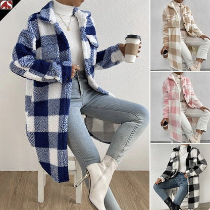 Ziarre Anitra - Plush Plaid Coat by The Nevermore – Unique Coats for Women by Nevermore Lifestyle & Tech | L Pink And White Plaid