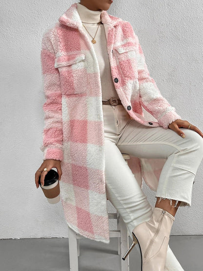Ziarre Anitra - Plush Plaid Coat by The Nevermore – Unique Coats for Women by Nevermore Lifestyle & Tech | L Pink And White Plaid